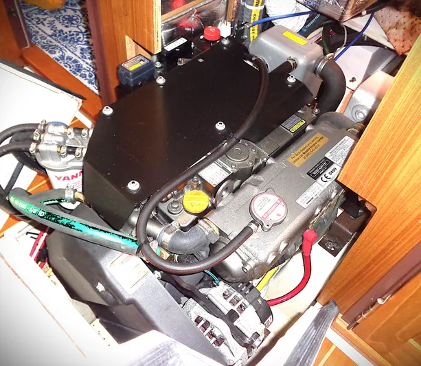 Meru Yacht Photos Pics Engine compartment of a 2019 Catalina 425 sailboat, featuring a Yanmar engine.