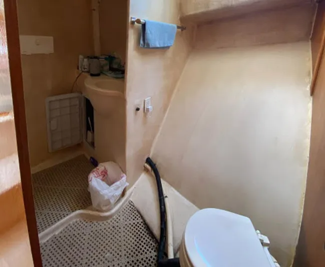 Delight Yacht Photos Pics Bathroom interior of 2002 Magna Marine 45 Flybridge yacht, featuring toilet and sink.