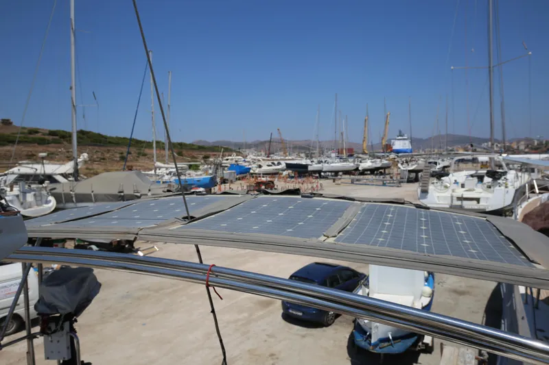  Yacht Photos Pics Solar panels on a 2007 Hanse 430e yacht in a marina setting.