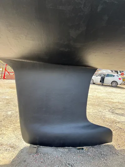  Yacht Photos Pics Keel of a 2007 Hanse 430e sailboat on dry land.