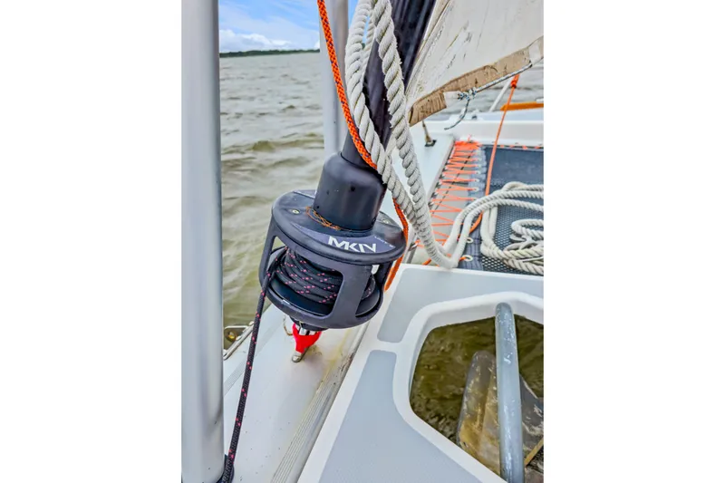 Surfer Girl Yacht Photos Pics Close-up of 2018 Maine Cat 38 LS sailboat rigging and deck details.