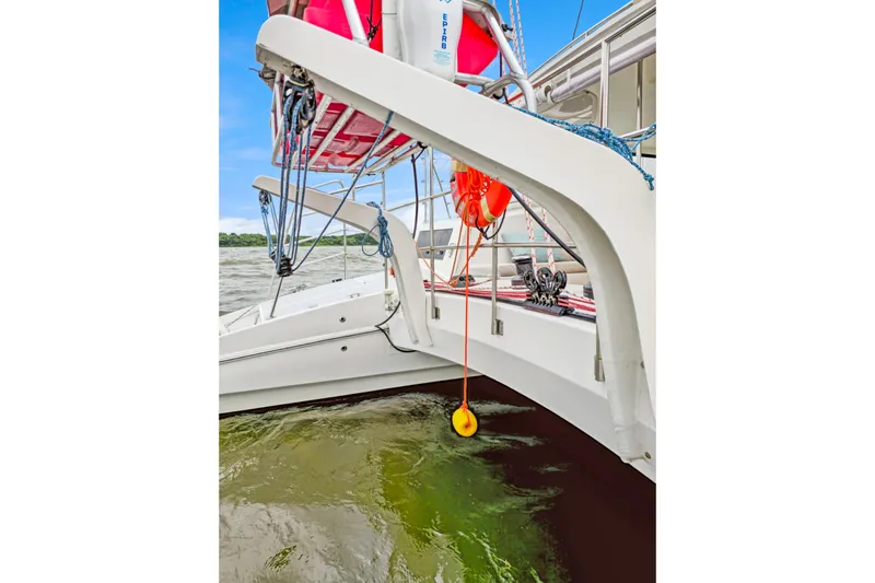 Surfer Girl Yacht Photos Pics 2018 Maine Cat 38 LS catamaran with safety equipment and ropes on deck.