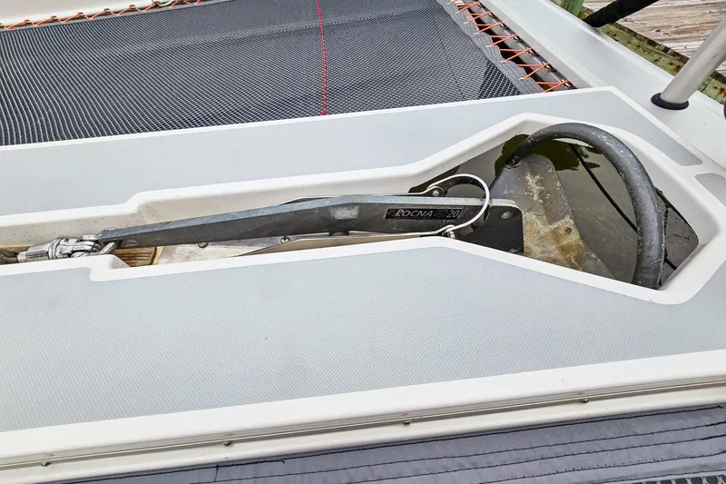 Surfer Girl Yacht Photos Pics Anchor compartment of 2018 Maine Cat 38 LS with Rocna anchor.
