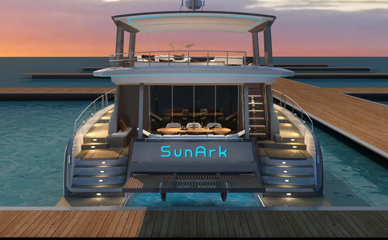  Yacht Photos Pics 2024 Mazarin 55 Catamaran Hybrid docked at sunset, featuring "SunArk" branding.