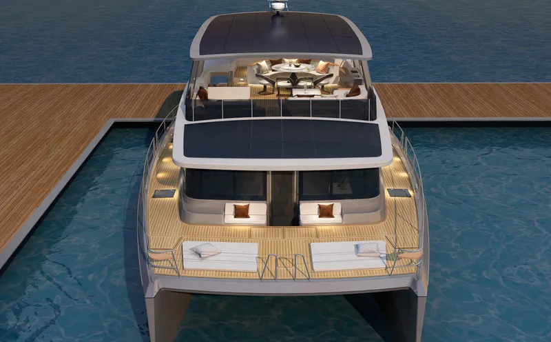  Yacht Photos Pics 2024 Mazarin 55 Catamaran HYBRID docked, showcasing luxurious deck and modern design.