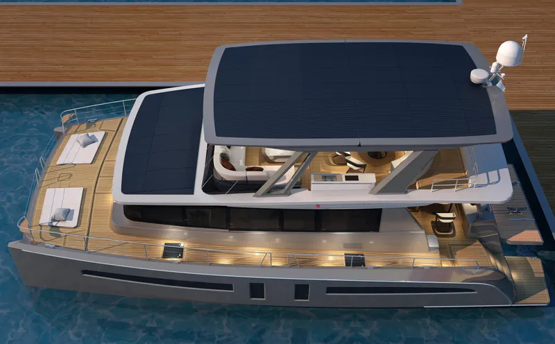  Yacht Photos Pics 2024 Mazarin 55 Catamaran Hybrid, top view, docked, featuring spacious deck and modern design.