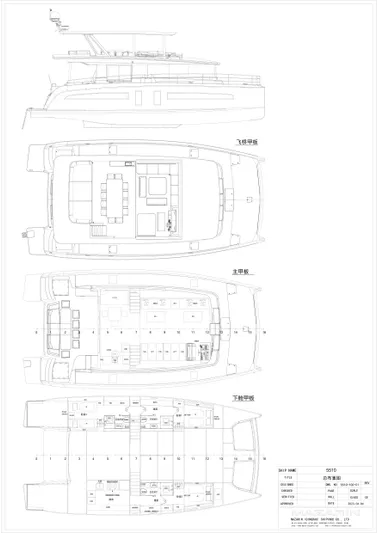  Yacht Photos Pics Blueprint of 2024 Mazarin 55 Catamaran HYBRID, showcasing detailed deck and layout plans.