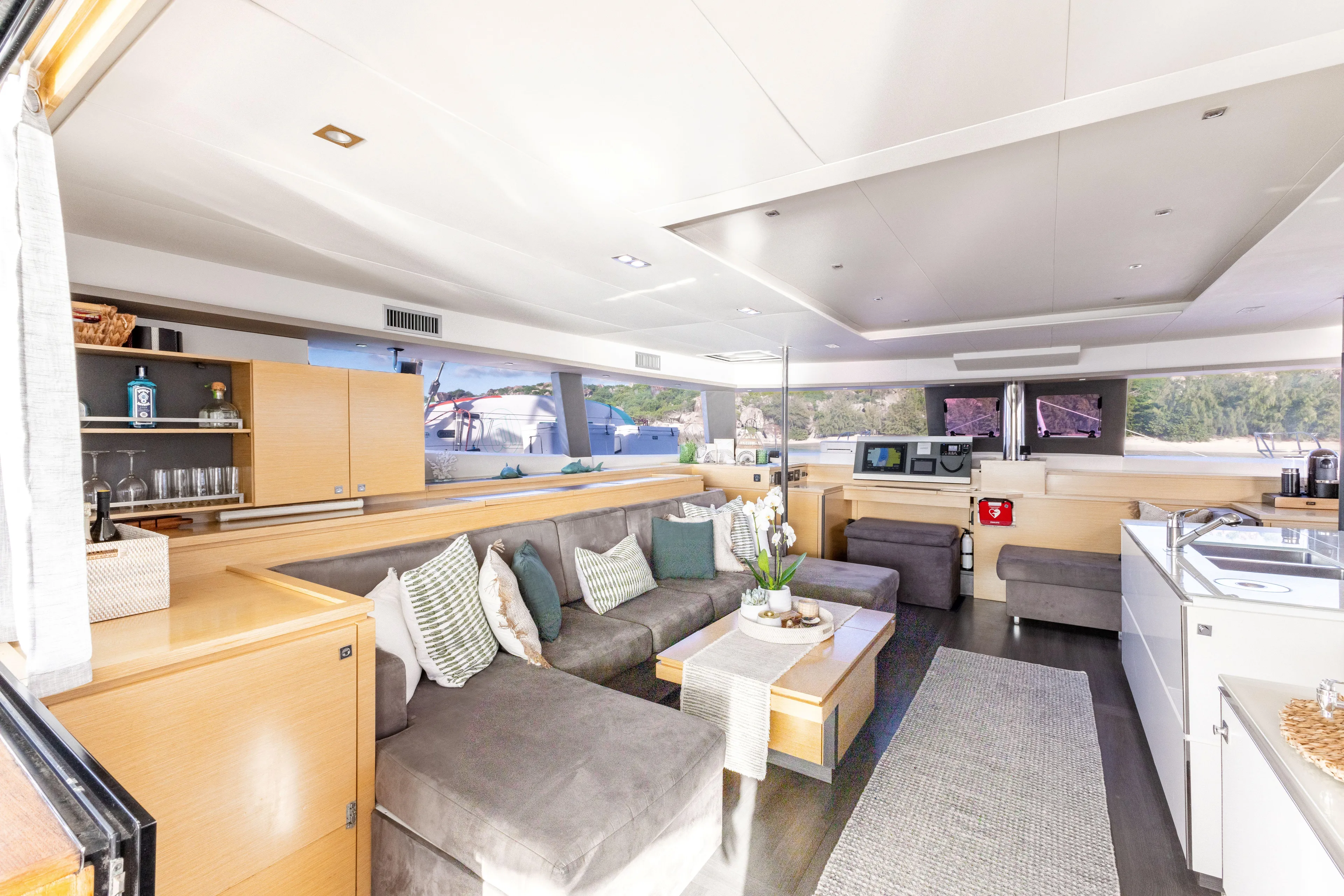  Yacht Photos Pics Luxurious interior of 2017 Fountaine Pajot Victoria 67 yacht with modern furnishings.
