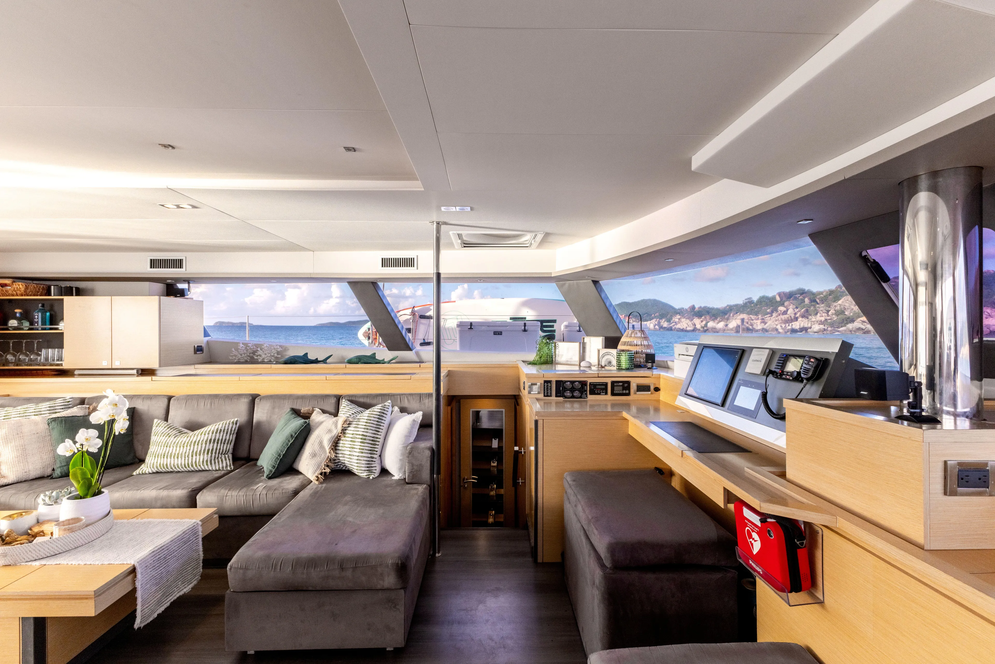  Yacht Photos Pics Luxurious interior of 2017 Fountaine Pajot Victoria 67 yacht with modern design and ocean view.