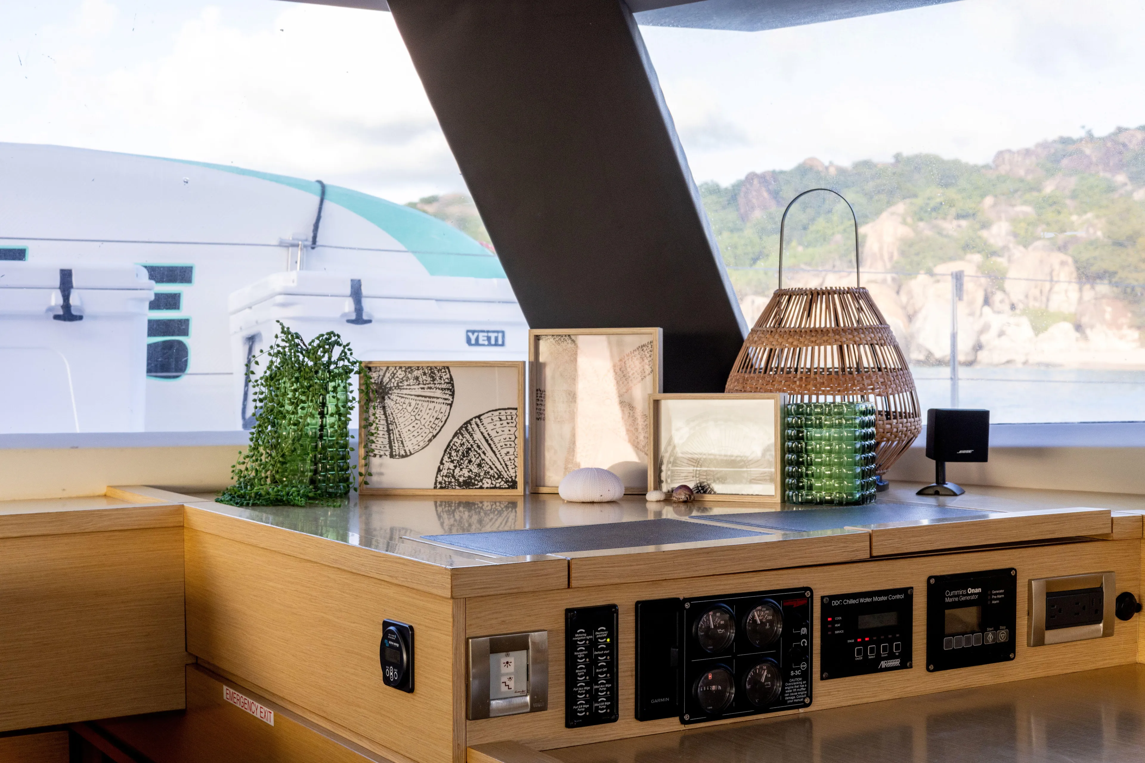  Yacht Photos Pics Interior of 2017 Fountaine Pajot Victoria 67 yacht with decor and control panel.