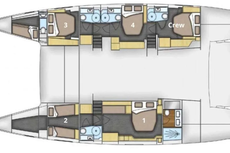  Yacht Photos Pics Floor plan of 2017 Fountaine Pajot Victoria 67 catamaran with labeled cabins and crew area.
