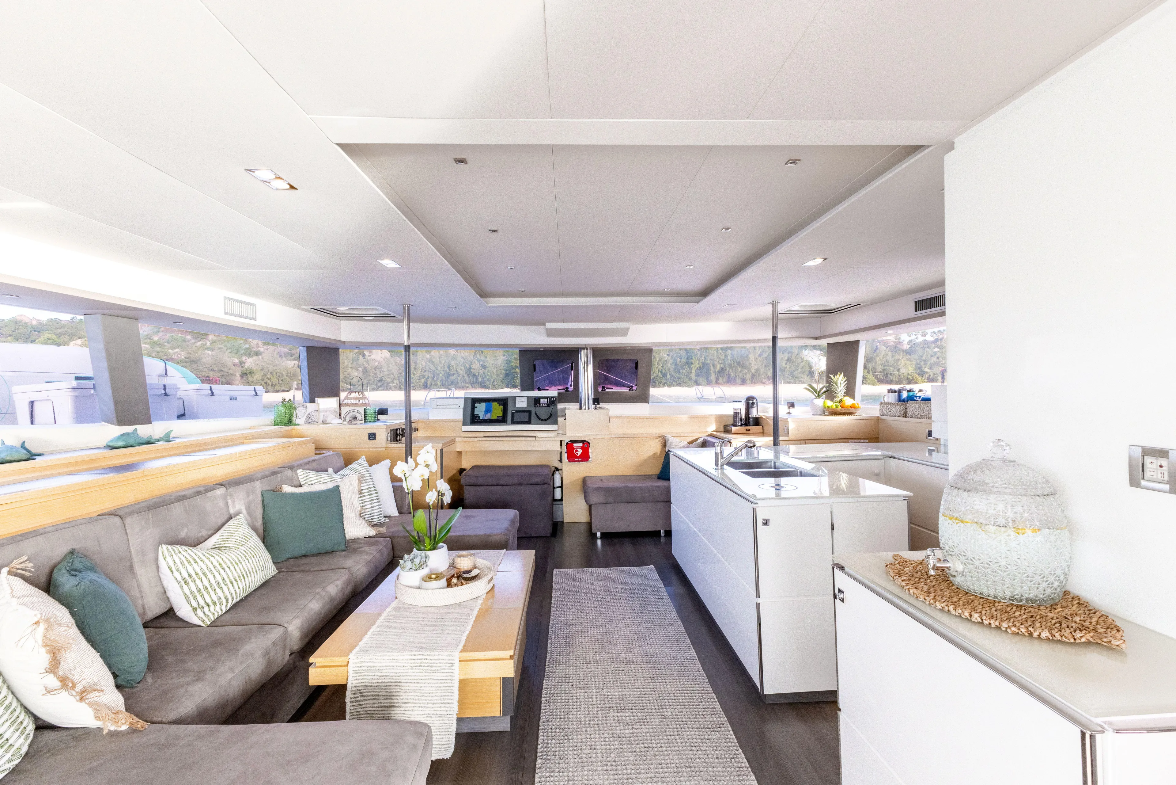  Yacht Photos Pics Luxurious interior of 2017 Fountaine Pajot Victoria 67 yacht with modern furnishings.