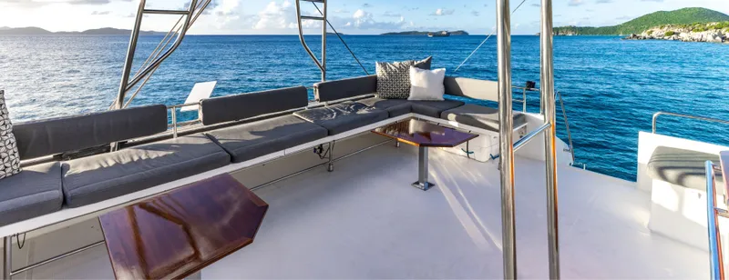  Yacht Photos Pics Luxurious 2017 Fountaine Pajot Victoria 67 yacht deck with ocean view and comfortable seating.