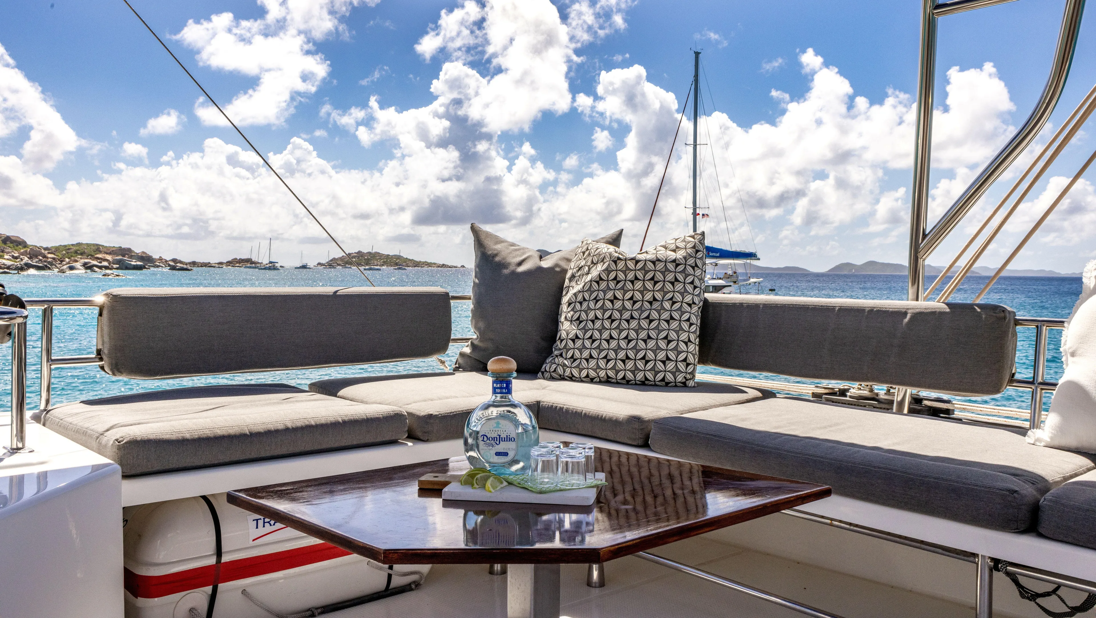  Yacht Photos Pics Luxurious seating area on 2017 Fountaine Pajot Victoria 67 yacht with ocean view.