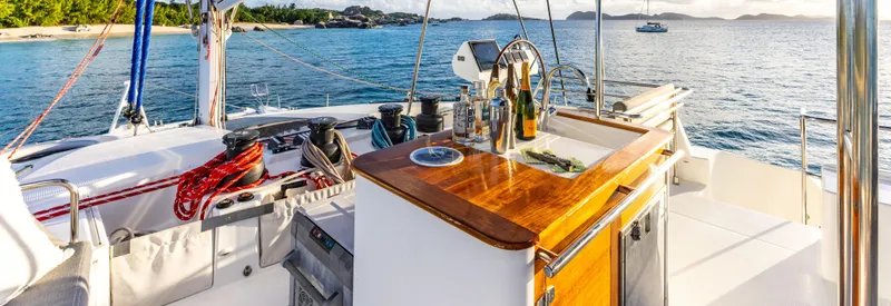  Yacht Photos Pics Luxury deck of 2017 Fountaine Pajot Victoria 67 catamaran with ocean view.