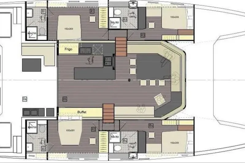  Yacht Photos Pics Floor plan of CK70 yacht, 2023 model, featuring bedrooms, bathrooms, kitchen, and dining area.
