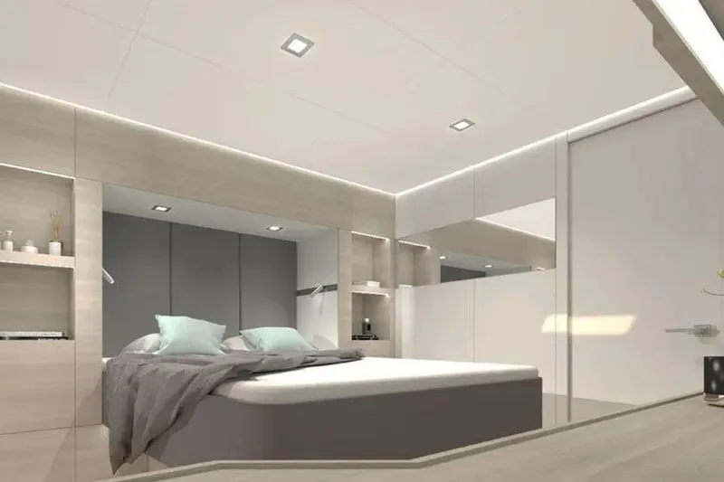  Yacht Photos Pics Modern bedroom interior with minimalist design, featuring a cozy bed and soft lighting, CK70 2023.
