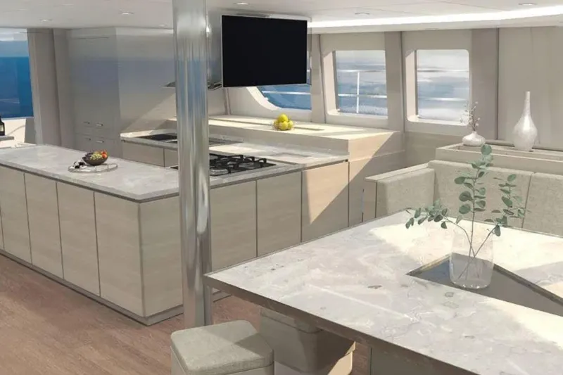  Yacht Photos Pics Luxurious CK70 yacht interior with modern kitchen, dining area, and ocean views, 2023 model.