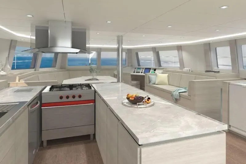  Yacht Photos Pics Luxurious CK70 yacht interior with modern kitchen and spacious seating, 2023 model.