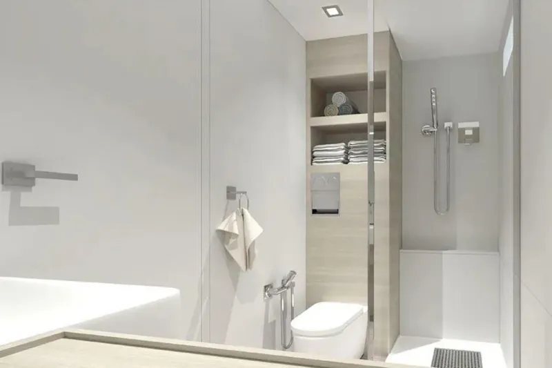  Yacht Photos Pics Modern bathroom with minimalist design, featuring shower, toilet, and shelving. CK70, 2023 model.