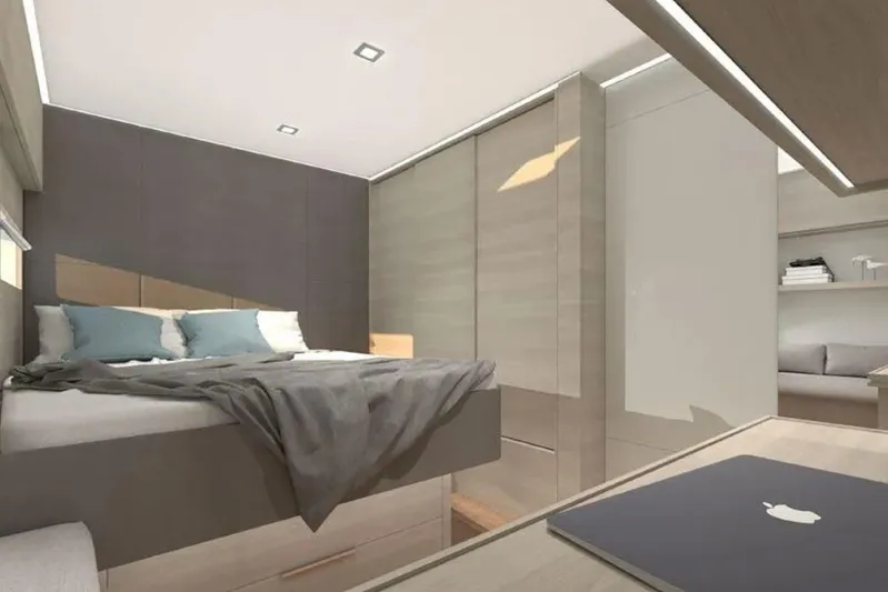  Yacht Photos Pics Modern bedroom interior in CK70, 2023 model, featuring sleek design and neutral tones.