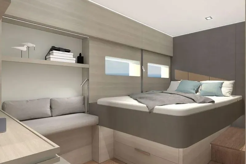  Yacht Photos Pics Modern CK70 yacht bedroom interior, 2023 model, featuring cozy bed, sofa, and minimalist decor.