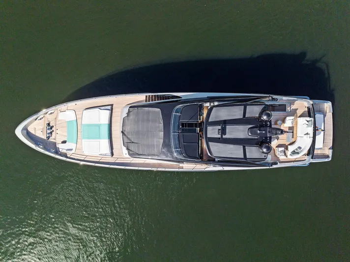 Beso Yacht Photos Pics Aerial view of 2024 Riva 102 Corsaro Super luxury yacht on water.