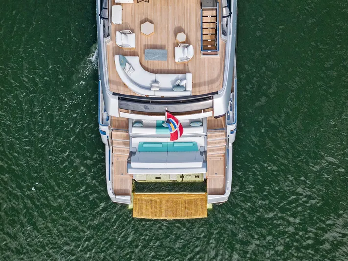 Beso Yacht Photos Pics Aerial view of 2024 Riva 102 Corsaro Super yacht on water.