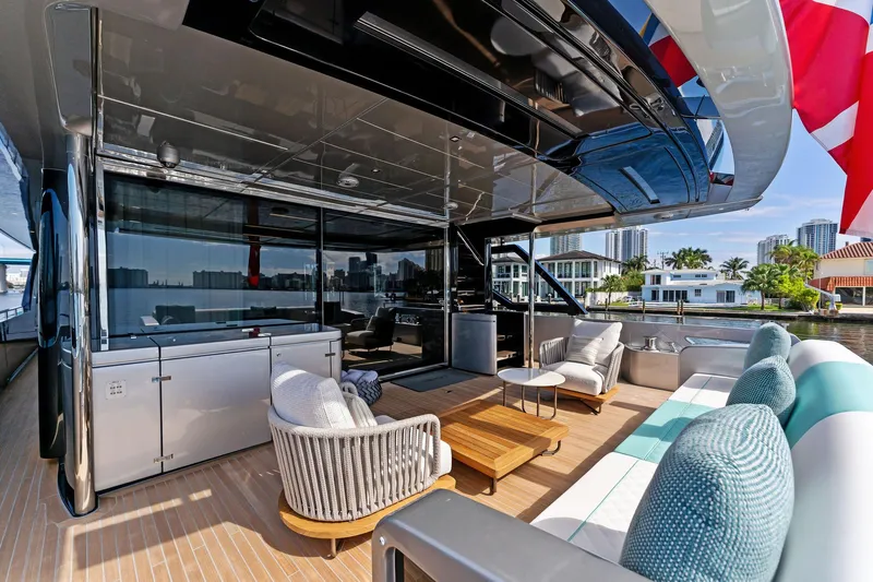 Beso Yacht Photos Pics Luxurious 2024 Riva 102 Corsaro Super yacht deck with modern seating and waterfront view.