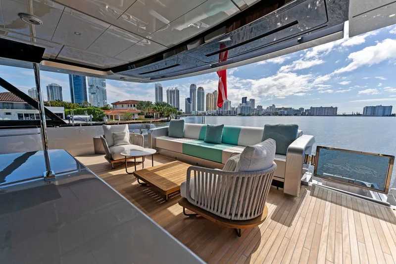 Beso Yacht Photos Pics Luxurious deck of 2024 Riva 102 Corsaro Super yacht with city skyline view.