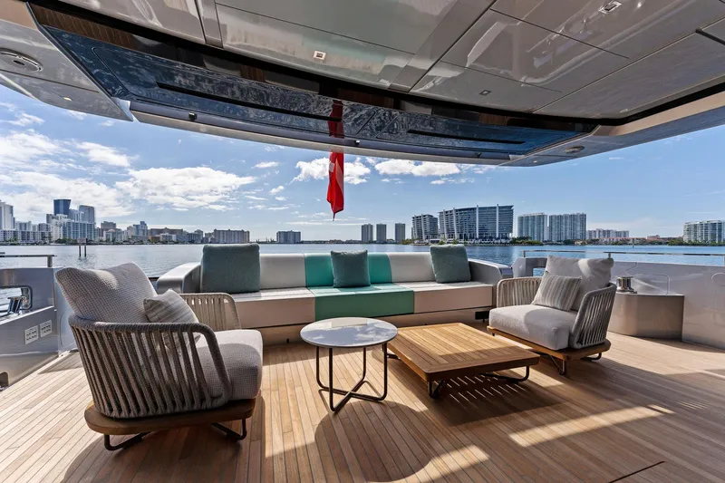 Beso Yacht Photos Pics Luxurious 2024 Riva 102 Corsaro Super yacht deck with modern seating and waterfront view.