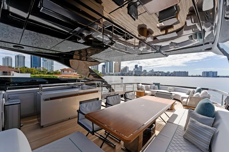 Beso Yacht Photos Pics Luxurious 2024 Riva 102 Corsaro Super yacht deck with city skyline view.