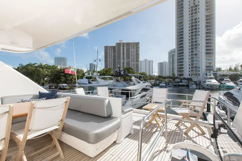 Clarity Yacht Photos Pics Luxurious 2015 Princess Flybridge 68 Motor Yacht docked in a marina with cityscape views.