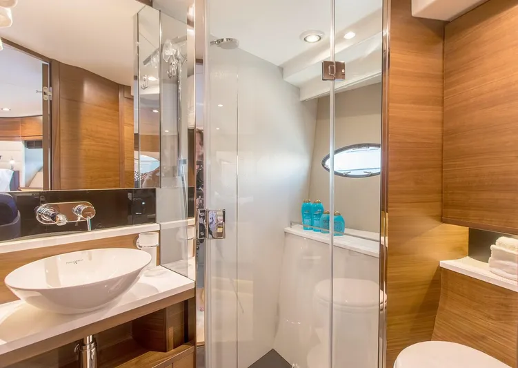 Clarity Yacht Photos Pics Luxurious bathroom in 2015 Princess Flybridge 68 Motor Yacht with modern fixtures and wood accents.