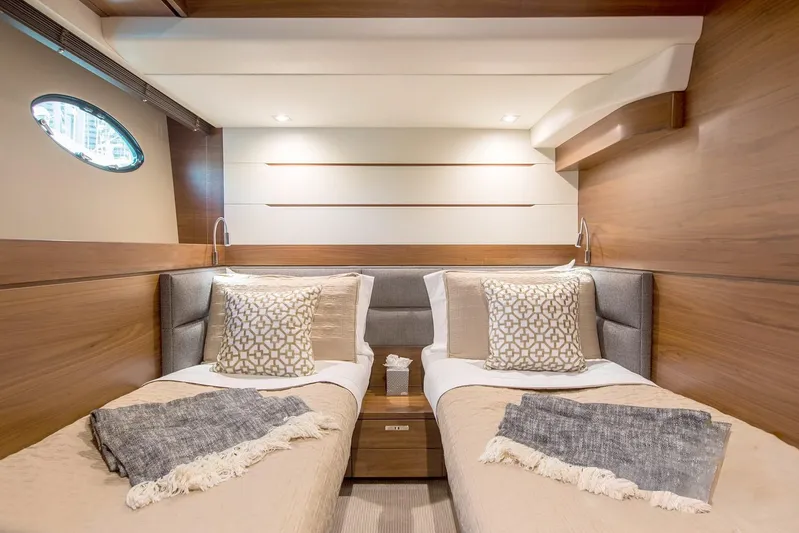 Clarity Yacht Photos Pics Luxurious twin cabin interior on 2015 Princess Flybridge 68 Motor Yacht.