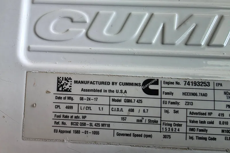 Jubilee Yacht Photos Pics Cummins engine label on 2018 Back Cove 32, model QSB6.7 425, manufactured in the USA.