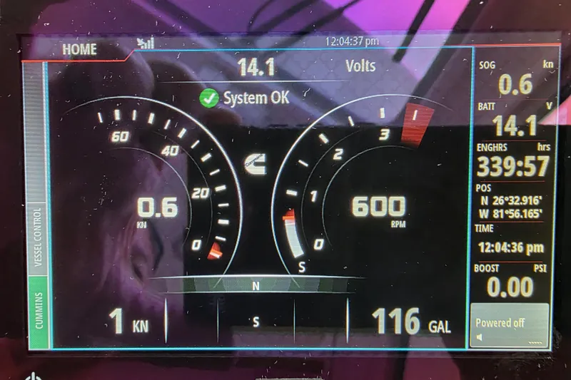 Jubilee Yacht Photos Pics Dashboard display of a 2018 Back Cove 32 boat showing speed, RPM, and system status.
