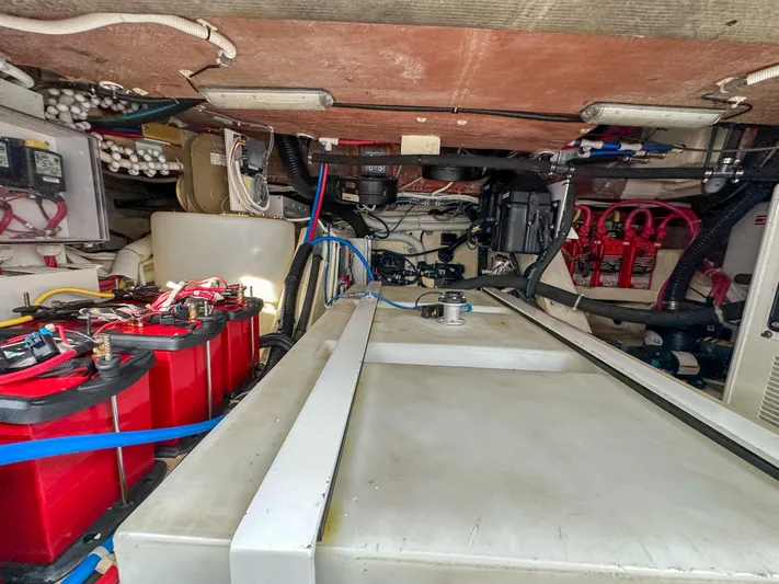 Low Hours Yacht Photos Pics Engine room of 2020 Ocean Alexander 45 Divergence Sport with batteries and wiring.
