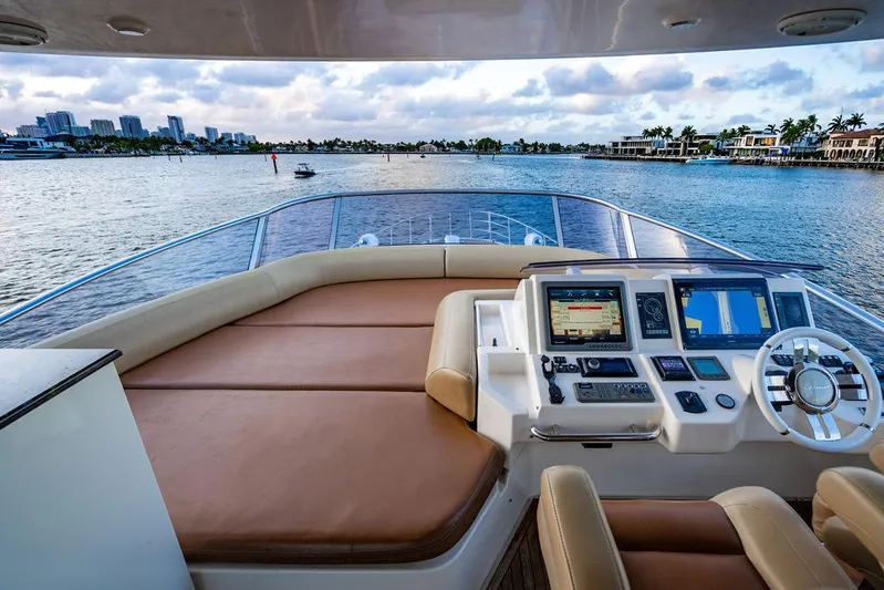 Vitamin Sea Yacht Photos Pics Flybridge of 2011 Azimut 70 Fly yacht with luxurious seating and navigation controls, overlooking serene waters.