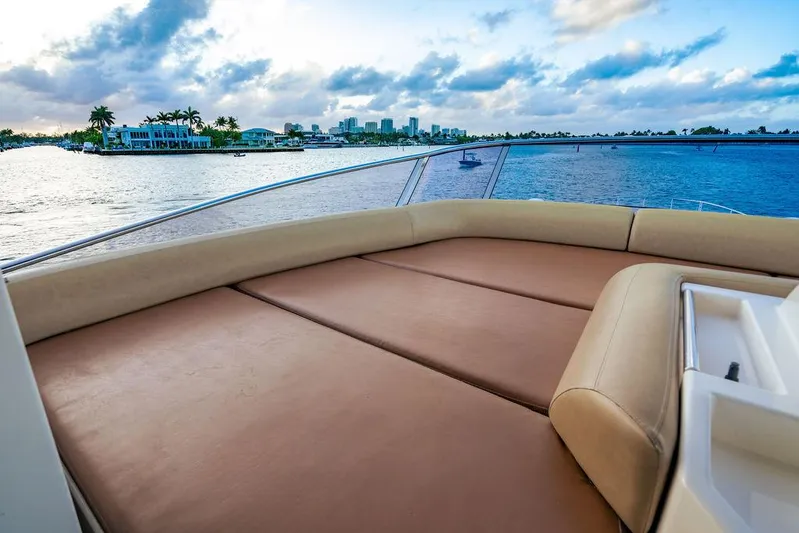 Vitamin Sea Yacht Photos Pics Luxurious Azimut 70 Fly yacht deck with scenic waterfront view, 2011 model.