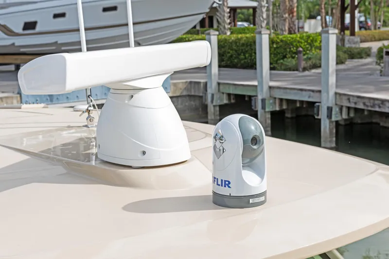  Yacht Photos Pics 2018 Scout 420 LXF boat with radar and FLIR camera on deck.