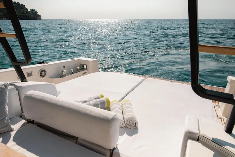  Yacht Photos Pics Luxurious 2019 Bluegame BG42 yacht deck with ocean view and sunbathing area.