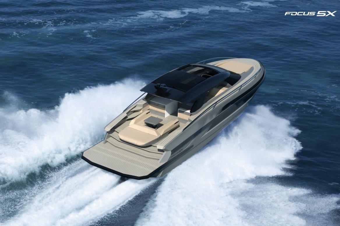 Luxurious 2026 Focus 5X yacht cruising on open sea, showcasing sleek design and performance.
