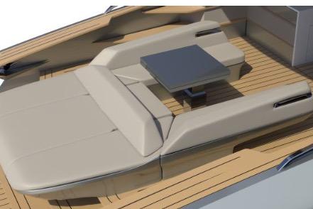 Luxurious 2026 Focus 5X yacht deck with sleek seating and modern table design.