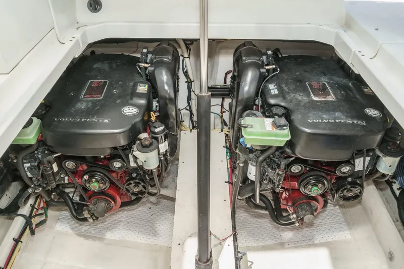 Cruel Summer Yacht Photos Pics 2012 Cruisers 380 Express engine compartment with dual Volvo Penta engines.