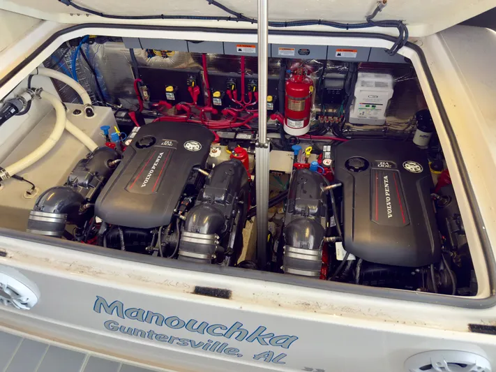  Yacht Photos Pics Engine compartment of a 2020 Regal 33 Express boat with Volvo Penta engines.