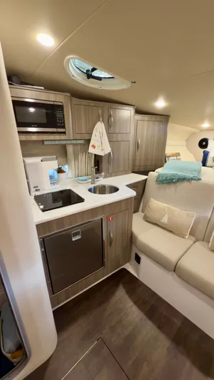  Yacht Photos Pics 2020 Regal 33 Express yacht interior with modern kitchen and cozy seating area.
