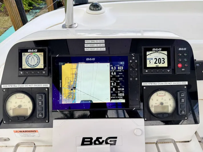 Orion Yacht Photos Pics B&G navigation system on a 2019 Lagoon 42 catamaran, displaying nautical charts and instruments.