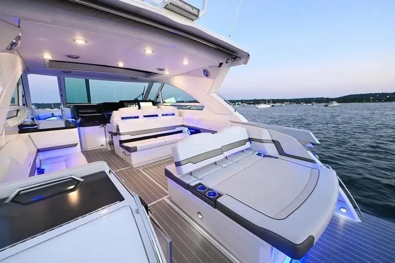  Yacht Photos Pics Luxurious 2020 Formula 400 Super Sport Crossover yacht interior on serene water.