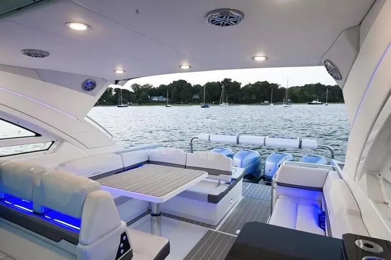  Yacht Photos Pics Luxurious 2020 Formula 400 Super Sport Crossover yacht interior with scenic waterfront view.